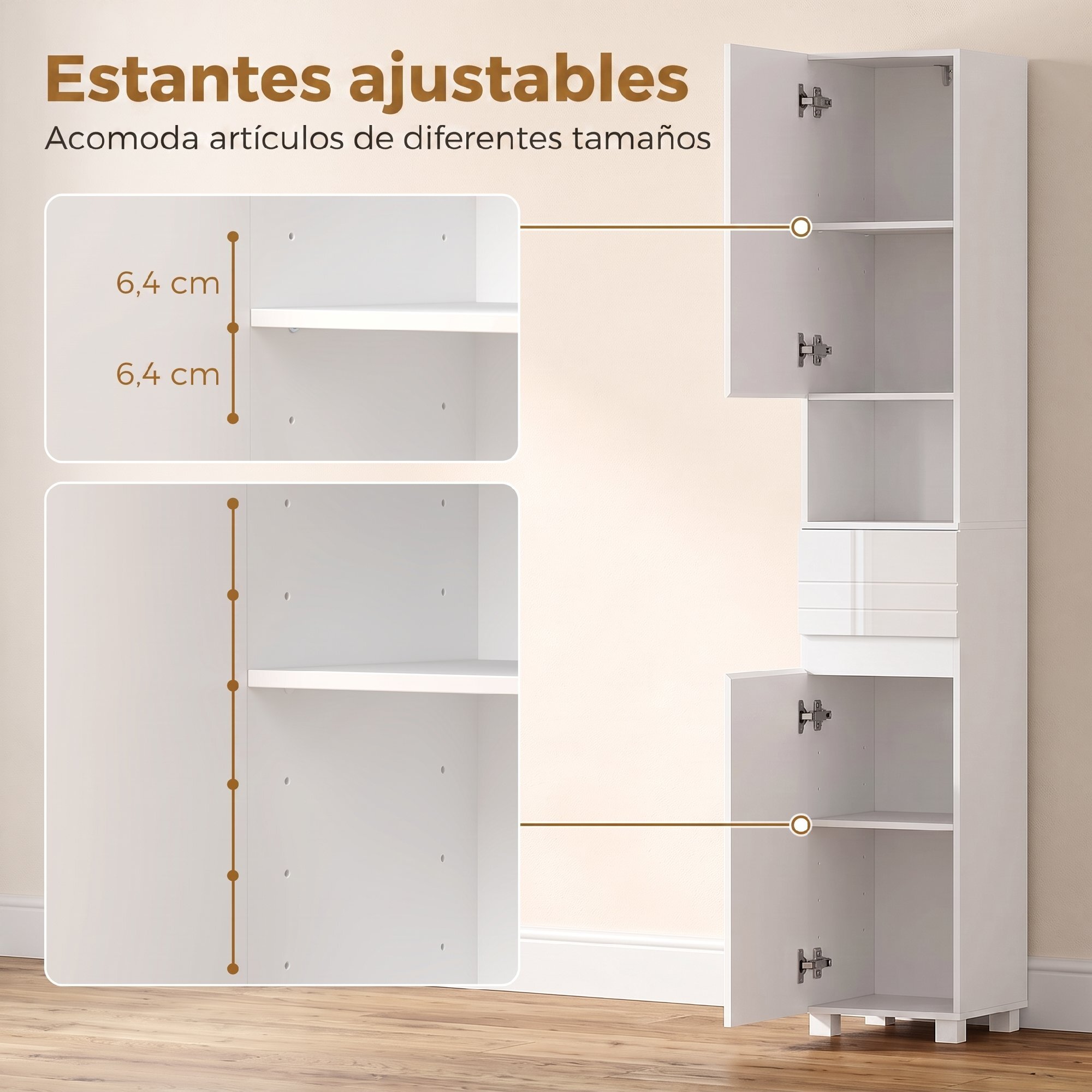 Armario Alto de Baño, Mueble de Baño Estrecho de Alto Brillo con Cajón, Compartimento Abierto y Estantes Ajustables, para Espacios Pequeños, 30x30x170 cm, Blanco