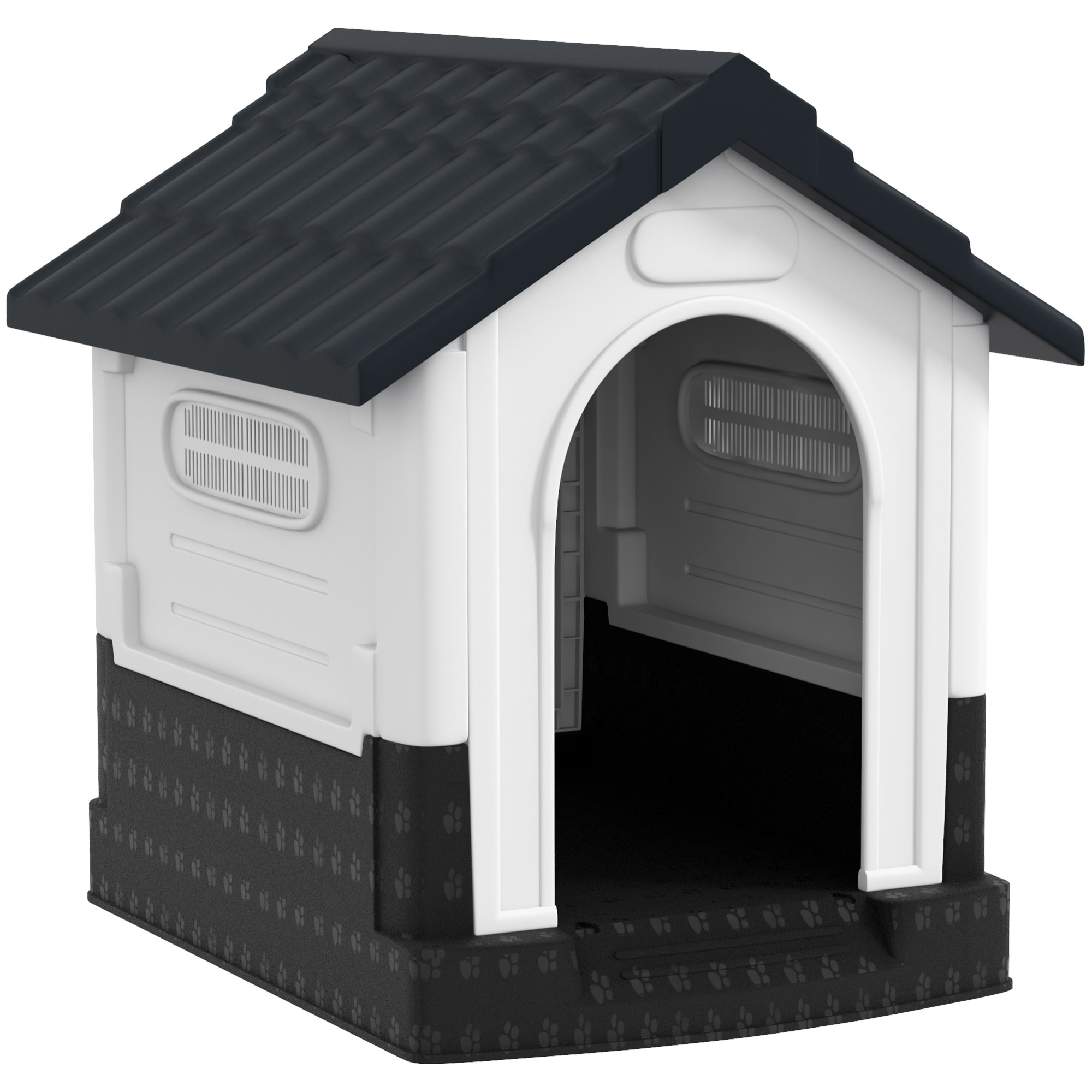 Caseta para Perros Mini para Exterior, Casa para Perros de Plástico con 3 Ventanas, Base Elevada, Techo de Tejas de Imitación, 64,5x57x66 cm, Gris Oscuro