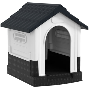 Caseta para Perros Mini para Exterior, Casa para Perros de Plástico con 3 Ventanas, Base Elevada, Techo de Tejas de Imitación, 64,5x57x66 cm, Gris Oscuro