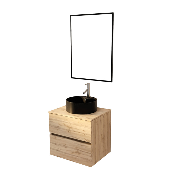 Meuble Salle de Bains 60cm 2 Tiroirs Chêne Naturel + Vasque Noire Ø41cm et Miroir 60x80cm