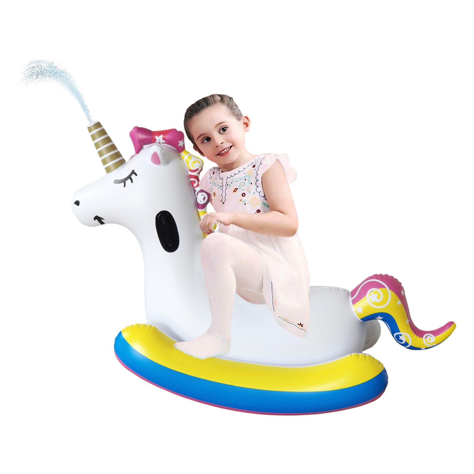 DAM Sillón flotador infantil hinchable, diseño unicornio, dispara agua. 72x67x58 Cm. Color: Blanco