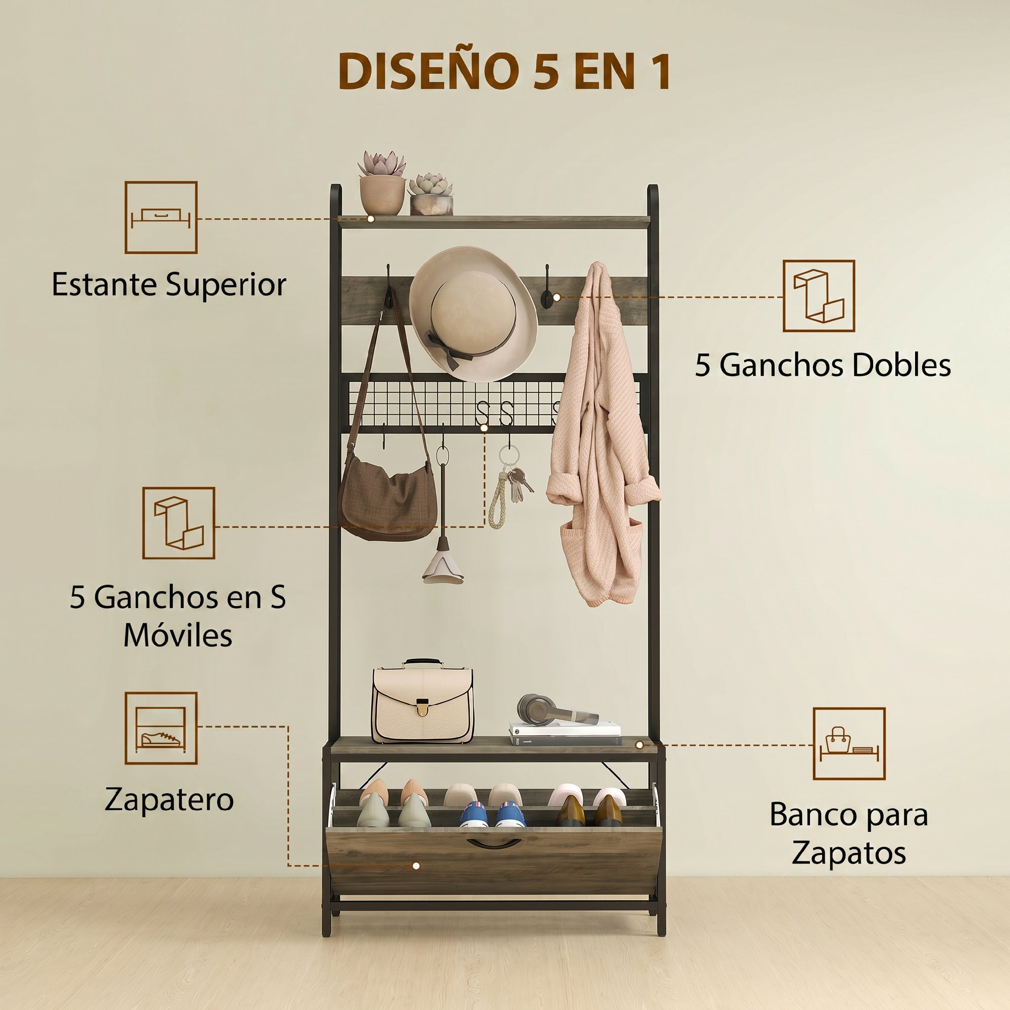 Perchero Zapatero 5 en 1, Perchero Recibidor con Banco Zapatero, Panel de Rejilla, Armario, 10 Ganchos, Estante Superior y Marco de Acero, Estilo Moderno, para Entrada, Pasillo, Gris