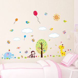 Stickers Muraux décoration adhésifs girafe, papillons et oiseaux avec des ballons