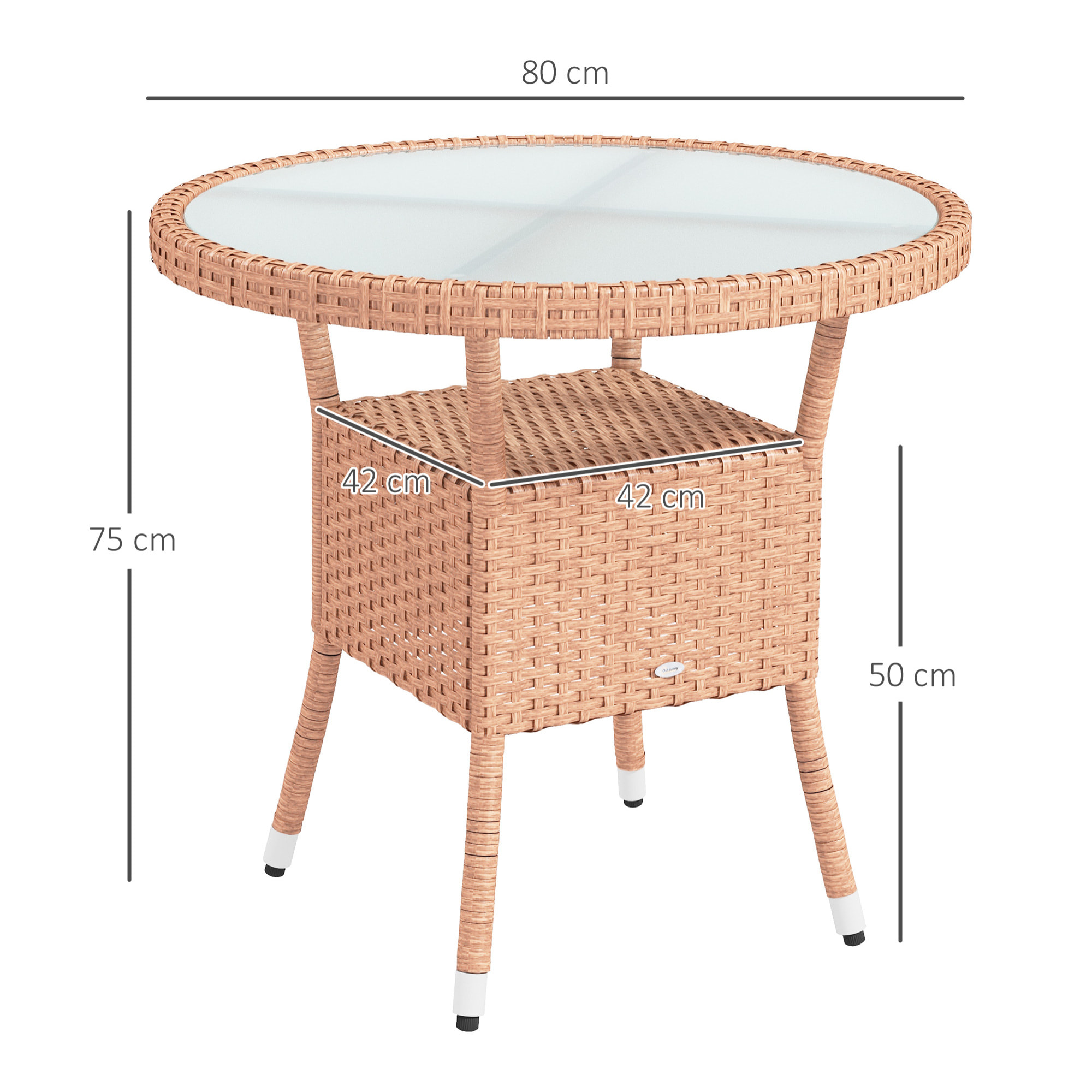 Mesa de Ratán Redonda Ø80x75 cm Mesa de Jardín con Estante Tablero de Vidrio y Marco de Acero Carga 50 kg para Terraza Patio Natural