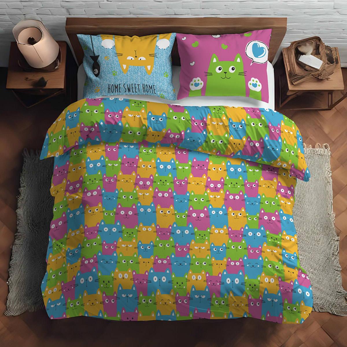 Parure copripiumino happycat multicolor 100% cotone