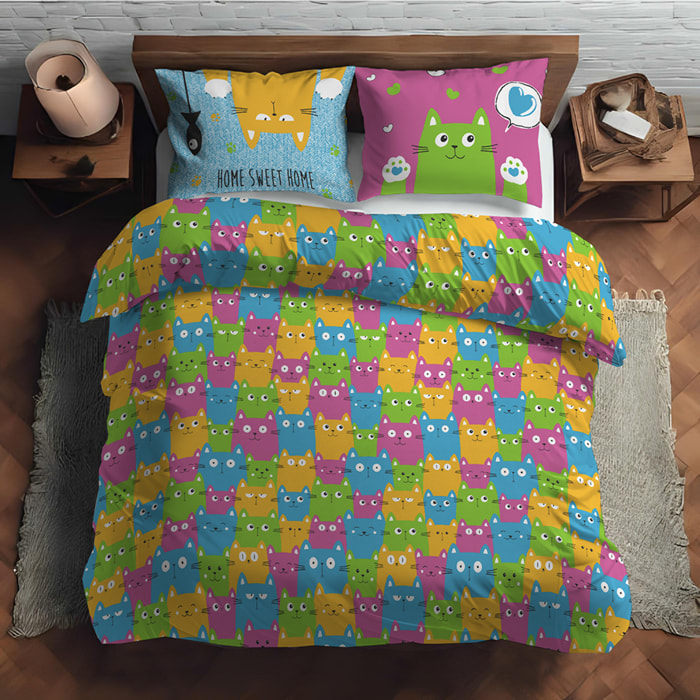 Parure copripiumino happycat multicolor 100% cotone