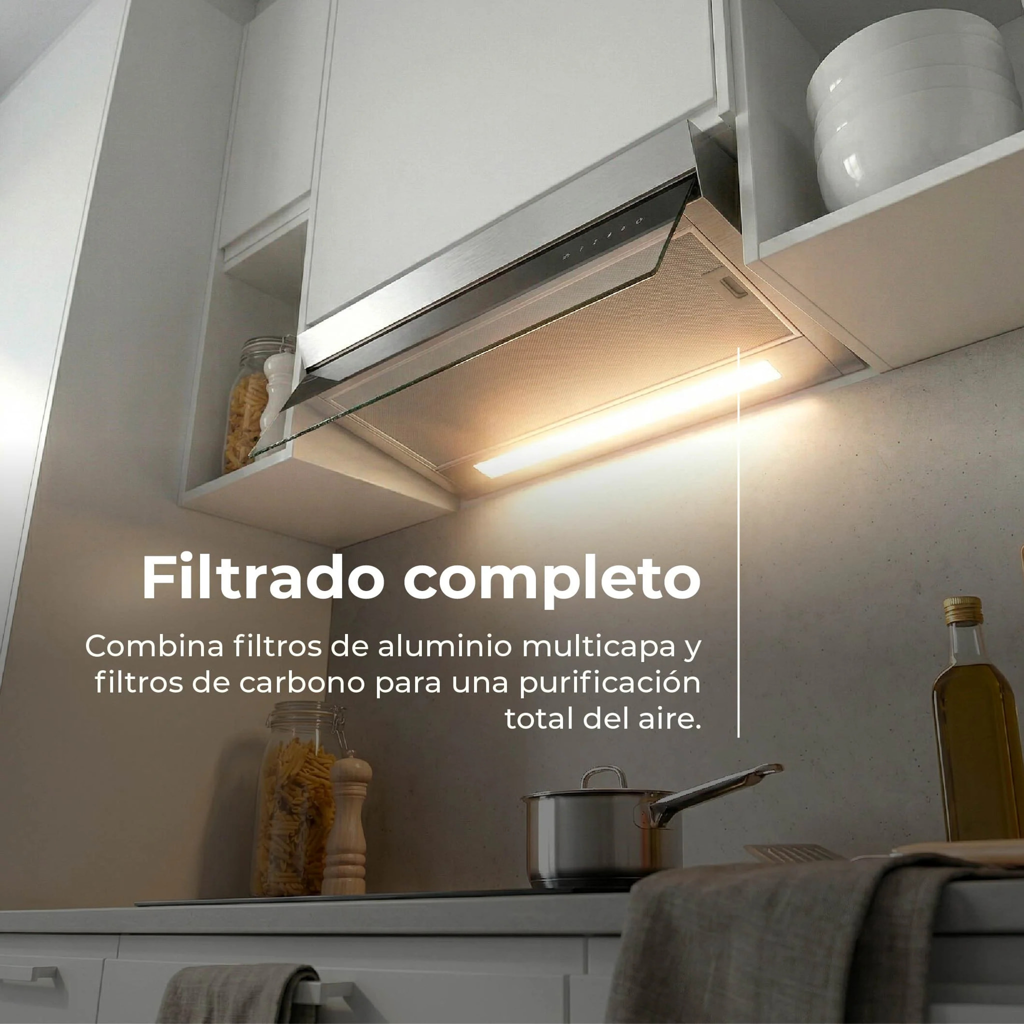 EVVO Campana Extractora Integrada CEi 56 Inox Black, 56 cm, 875 m³/h,Táctil, Clase A+++, Bajo Ruido , LED, Filtros de Aluminio y Carbón