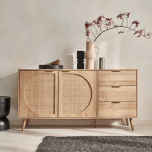 Buffet de rangement. Eva.  décor bois et cannage arrondi. 2 portes 3 tiroirs. buffet bas. L 150 x l 39 x H 79cm