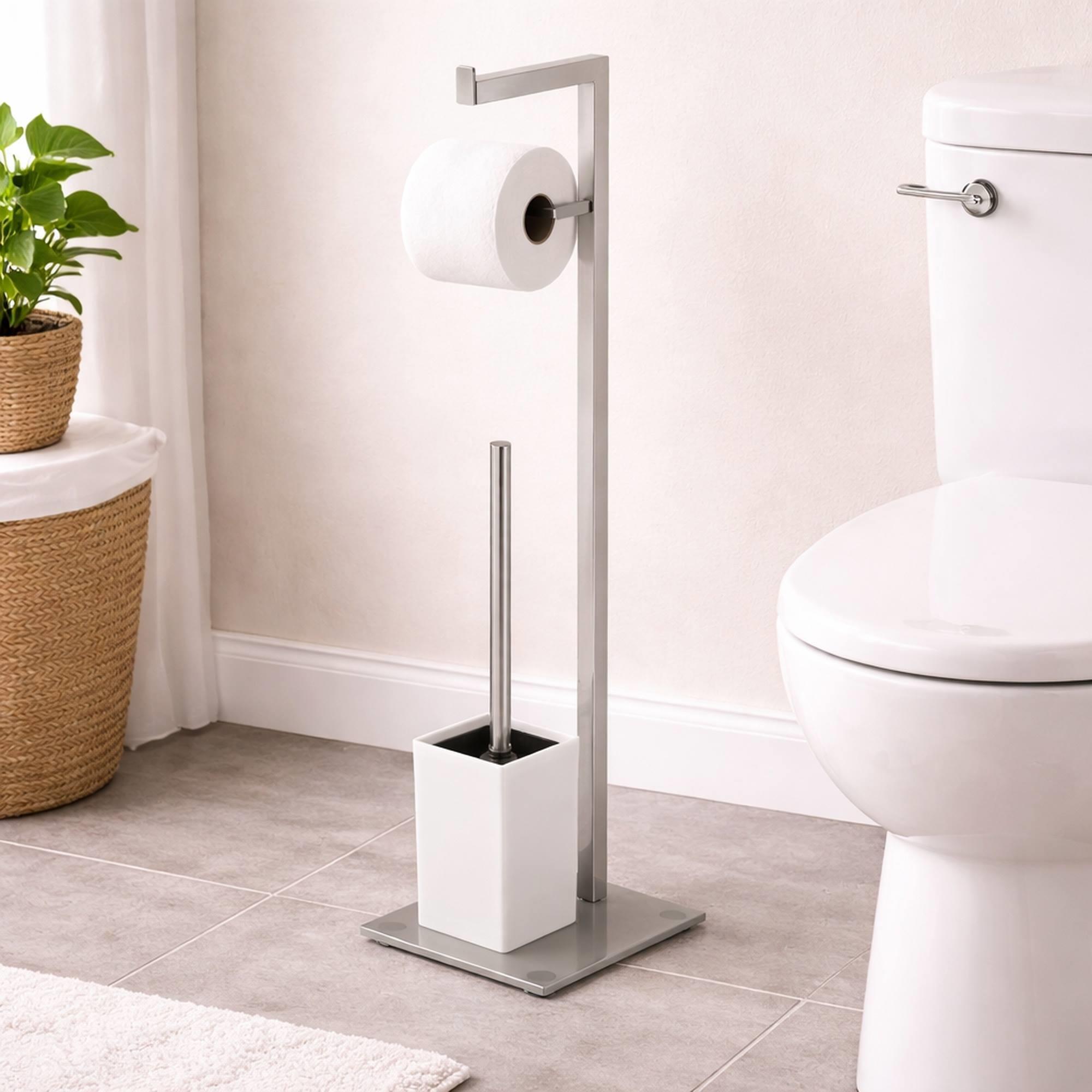 Soporte de papel higiénico con portaescobillas en acero inoxidable 22x18x70,5cm color Blanco