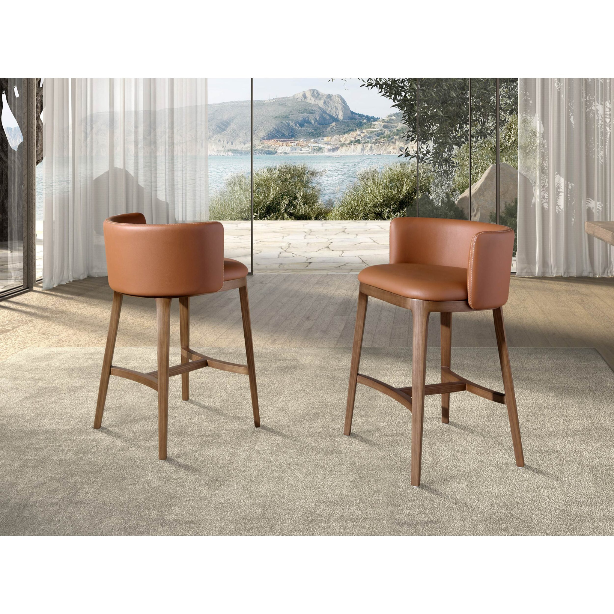 Taburete Angel Cerdá con asiento y respaldo tapizados en polipiel en marrón patas de madera chapada en nogal natural de estilo vanguardista a la vez que atemporal 53x51x84cm