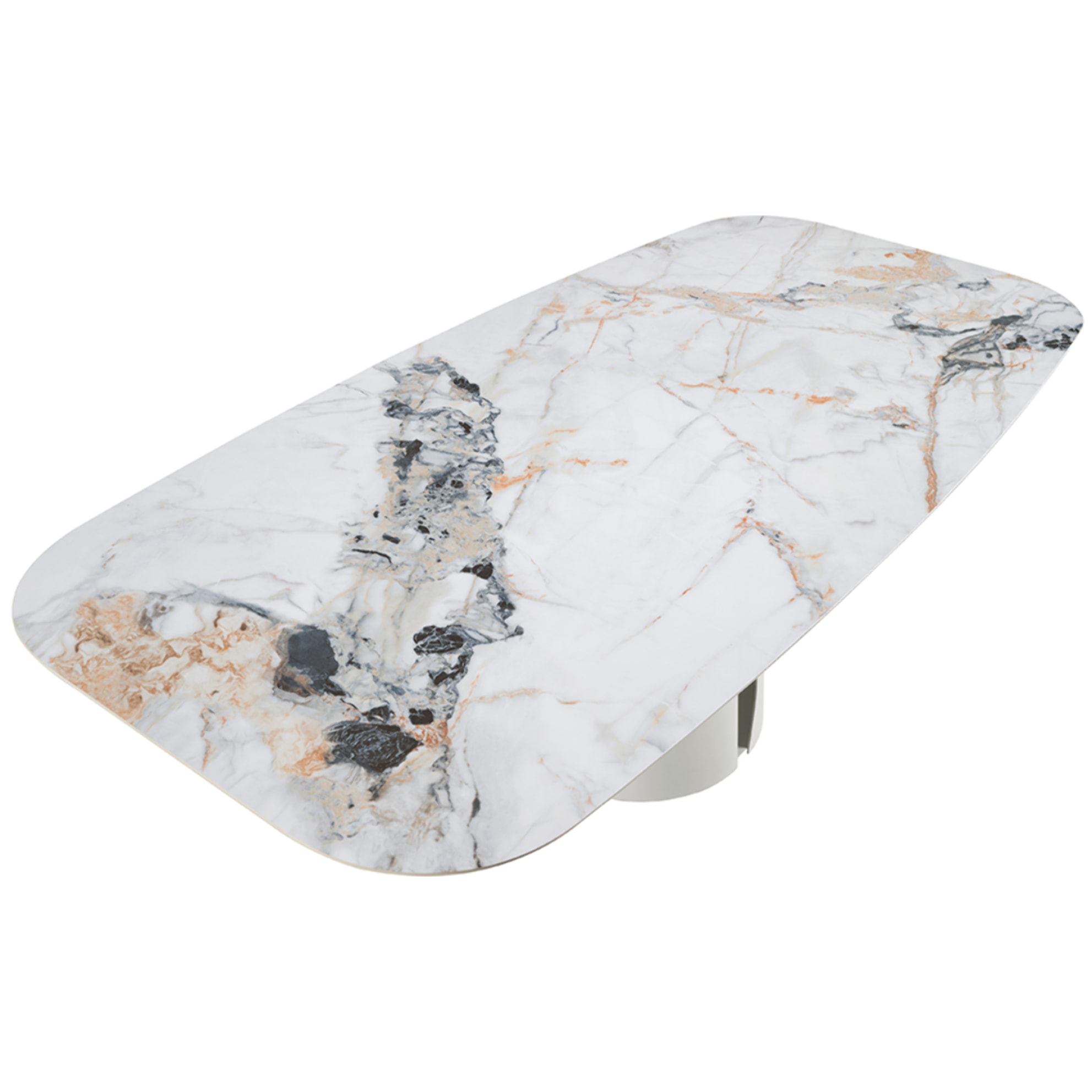 Mesa comedor Angel Cerdá ovalada barril con tapa fija de mármol porcelánico blanco con vetas en tonalidades grises y marrones en acabado brillo 238x110x76cm