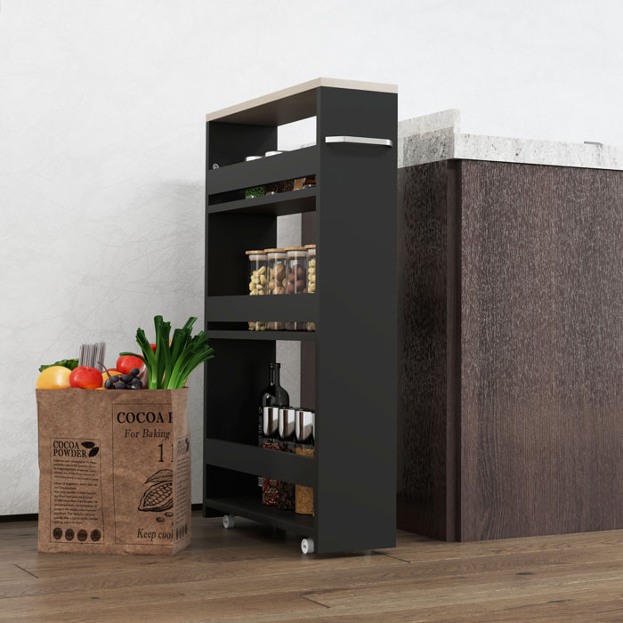 Carrito Auxiliar con Ruedas de 3 Niveles, Carrito de Cocina Estrecho con 3 Estantes, Tablero y Asa, para Comedor, Salón, Baño, 48x15x80 cm, Negro