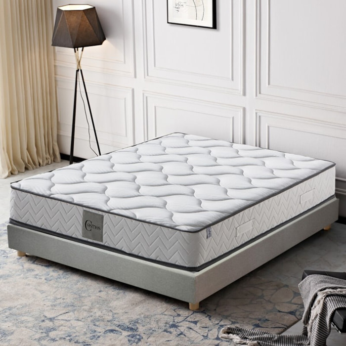 Ensemble Matelas Cosmos ressorts et mémoire de forme avec son sommier Cancun en tissu gris clair