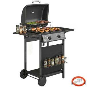 Barbacoa de Gas BBQ Gas con 2 Quemadores 5 kW, Barbacoa Portátil con Termómetro, Mesas Laterales, Estante, Rejilla Calentadora, Encendido Piezoeléctrico, Bandeja de Grasa y 2 Ruedas, Negro