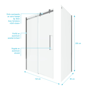 Porte de douche coulissante + retour 140X80cm - RAILROAD CHROMED 140 FRONT-80