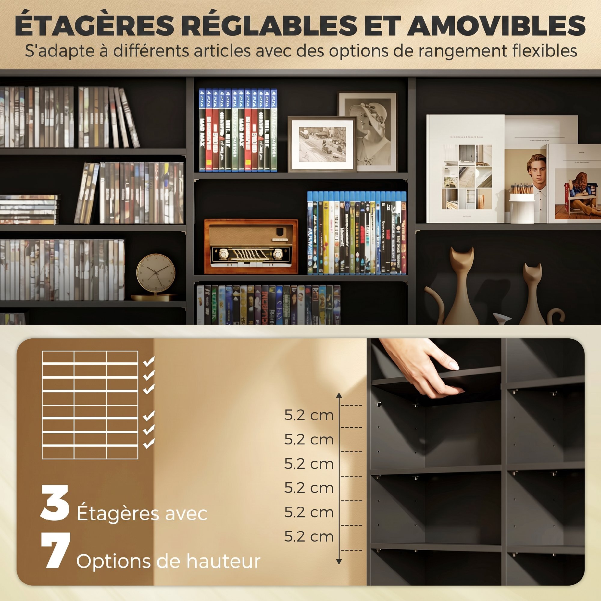 Rangement CD et DVD 24 compartiments 18 étagères réglables noir