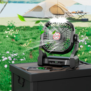 Ventilatore P18 con motore senza spazzole, LED con 4 luci, 4 velocità, 3 livelli di luce. Angolo regolabile di 90º, gancio per appendere e powerbank da 5200 mAh.