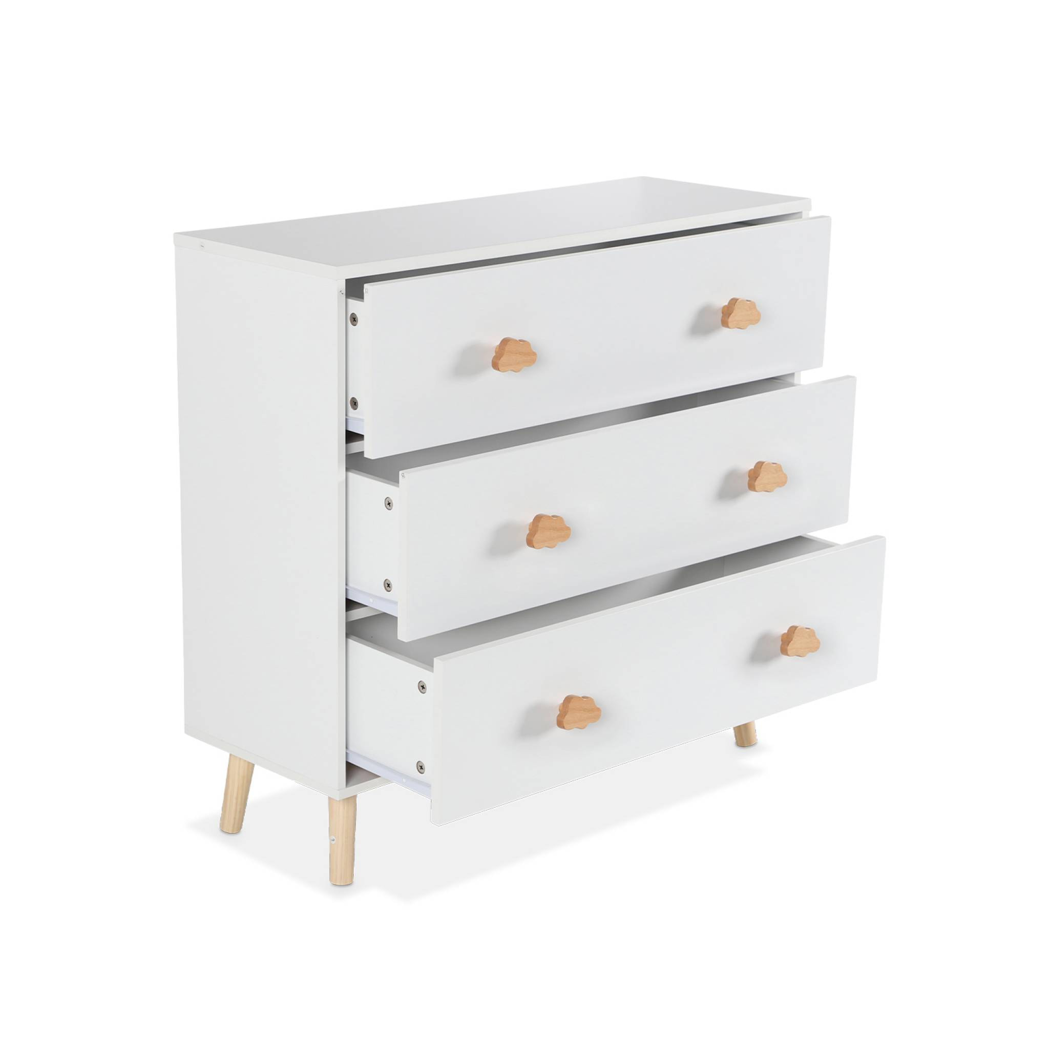 Commode enfant. décor bois. blanc. 3 tiroirs. pieds et poignées nuage en pin