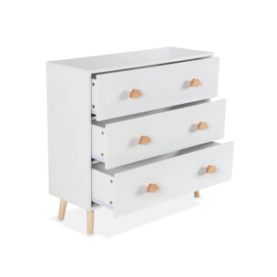 Commode enfant. décor bois. blanc. 3 tiroirs. pieds et poignées nuage en pin