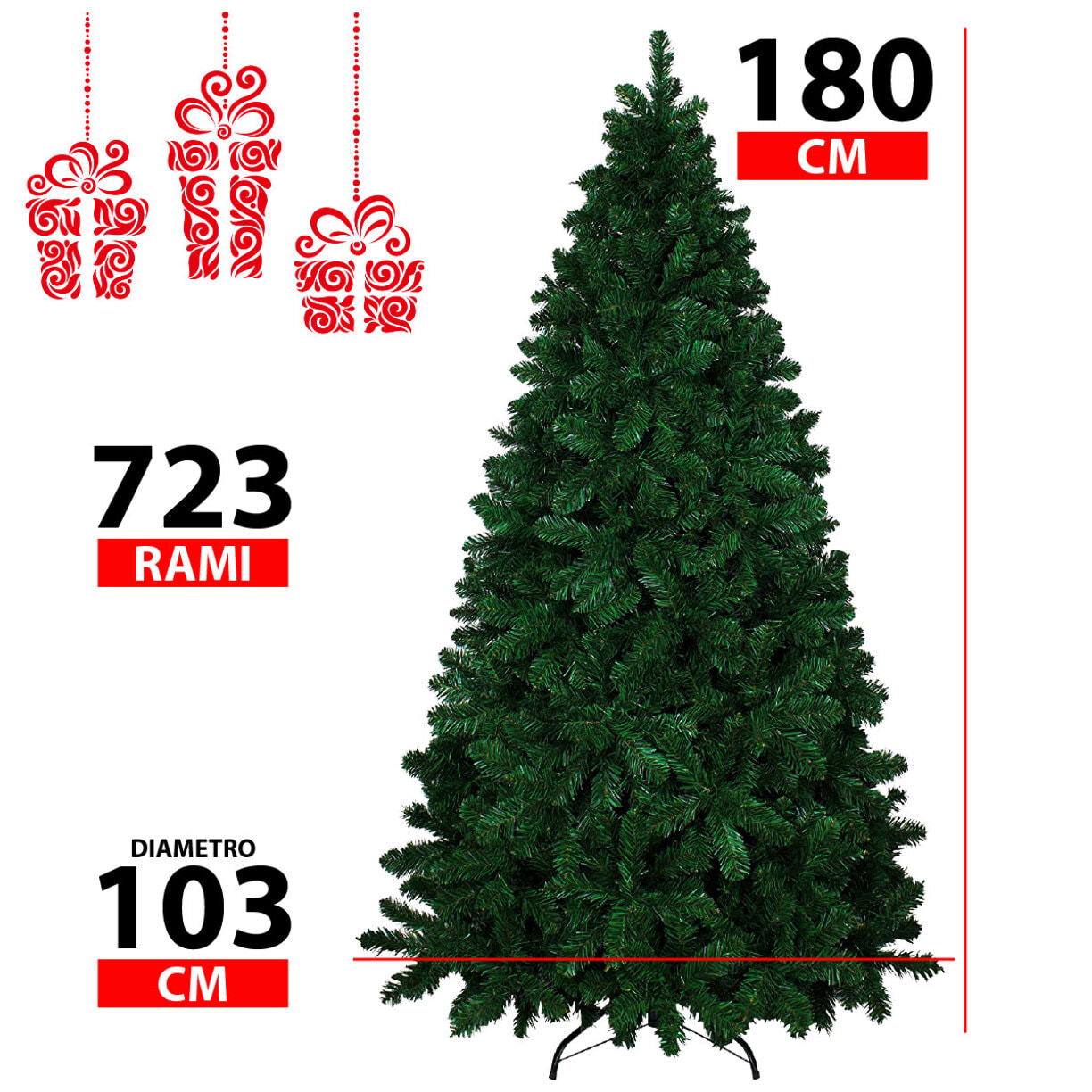 Albero Di Natale 180 Cm Con Sacca Effetto Reale 723 Rami Foltissimo Molto Folto Rami A Gancio Base A Croce Sicura In Metallo Doppia Foglia In PVC