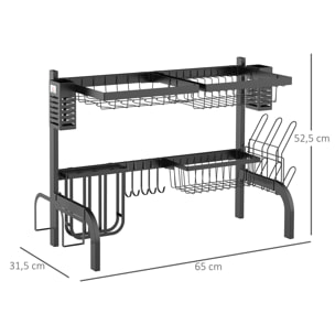 HOMCOM Escurreplatos de Acero Escurridor de Platos de 2 Niveles para Fregadero con Soporte para Tabla de Cortar Soporte de Cubiertos 5 Ganchos 65x31,5x52,5 cm Negro