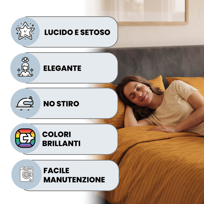 PARURE COPRIPIUMINO SATIN STRIPES, 100% Raso di Poliestere, Made in Italy, No Stiro - ARANCIONE