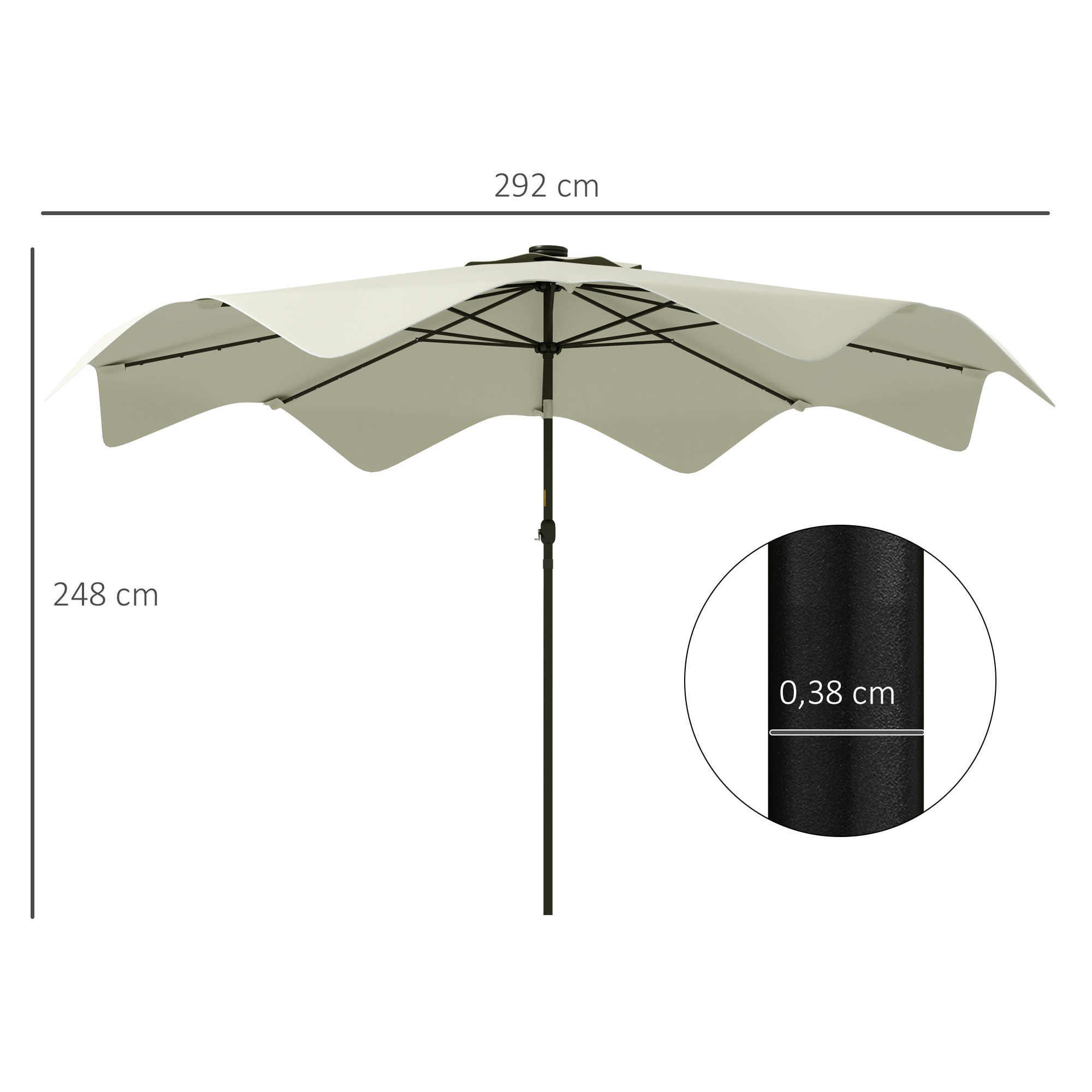 Sombrilla de Jardín Ø292x248 cm Parasol de Terraza Manual con 32 Luces LED Solares 8 Varillas Impermeable y Rejillas de Ventilación para Patio Balcón Crema