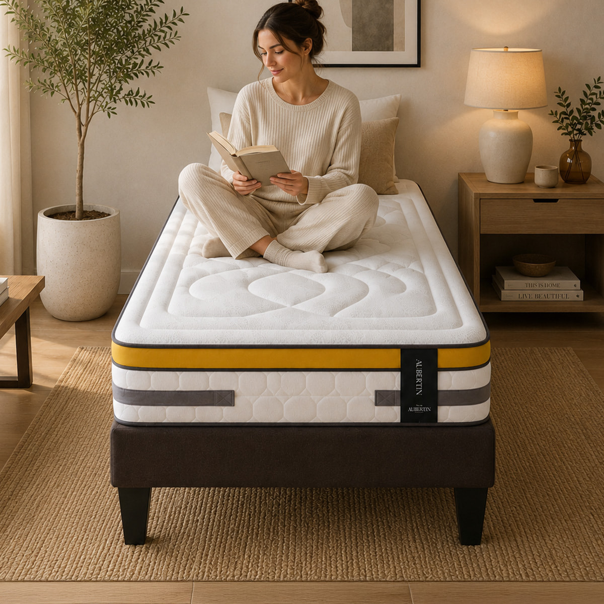 Ensemble Matelas Hybride Aubertin & Sommier Kit Tissu, Ressorts Ensachés & Mousse Hyper Soft, 24 cm, Soutien Ferme