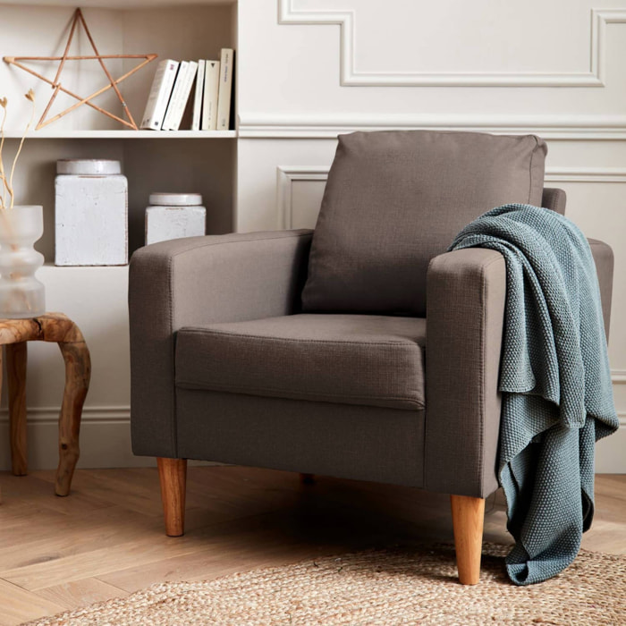 Fauteuil scandinave en tissu marron - Bjorn - Canapé 1 place fixe droit pieds bois