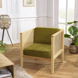 ALBANE - Fauteuil cannage assise amovible velours vert