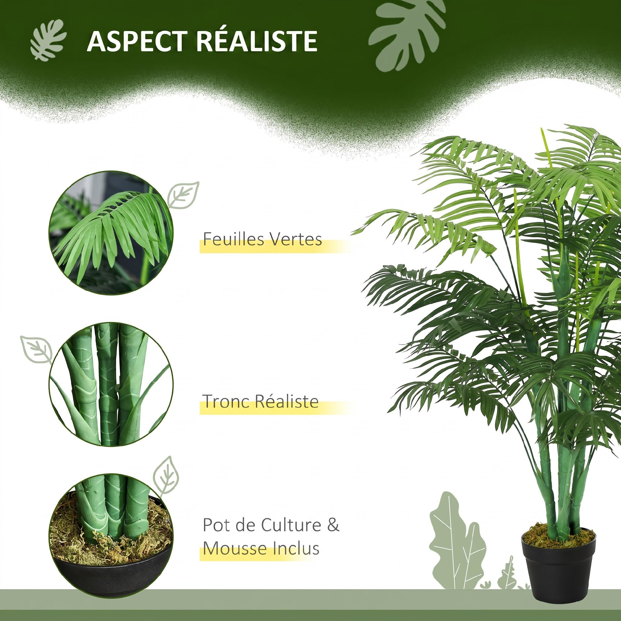 Palmier artificiel Sanwei Kwai H. 125 cm 18 grandes feuilles pot noir inclus
