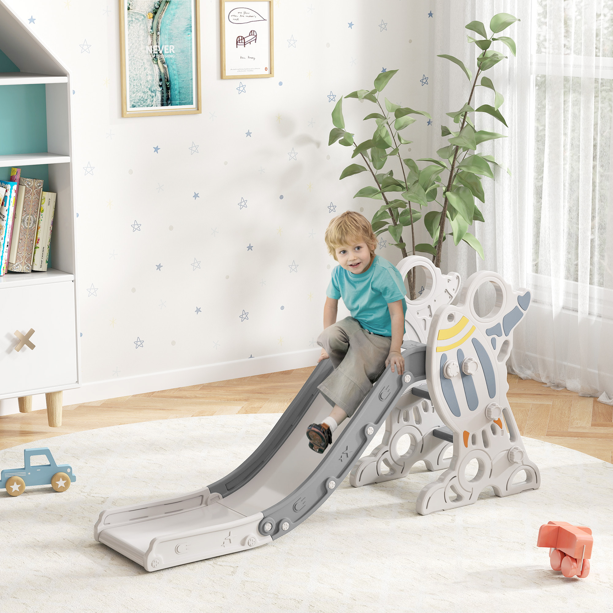 Toboggan enfant 18-36 mois design fusée - usage intérieur - dim. 157L x 46,5l x 80H cm - PE gris blanc