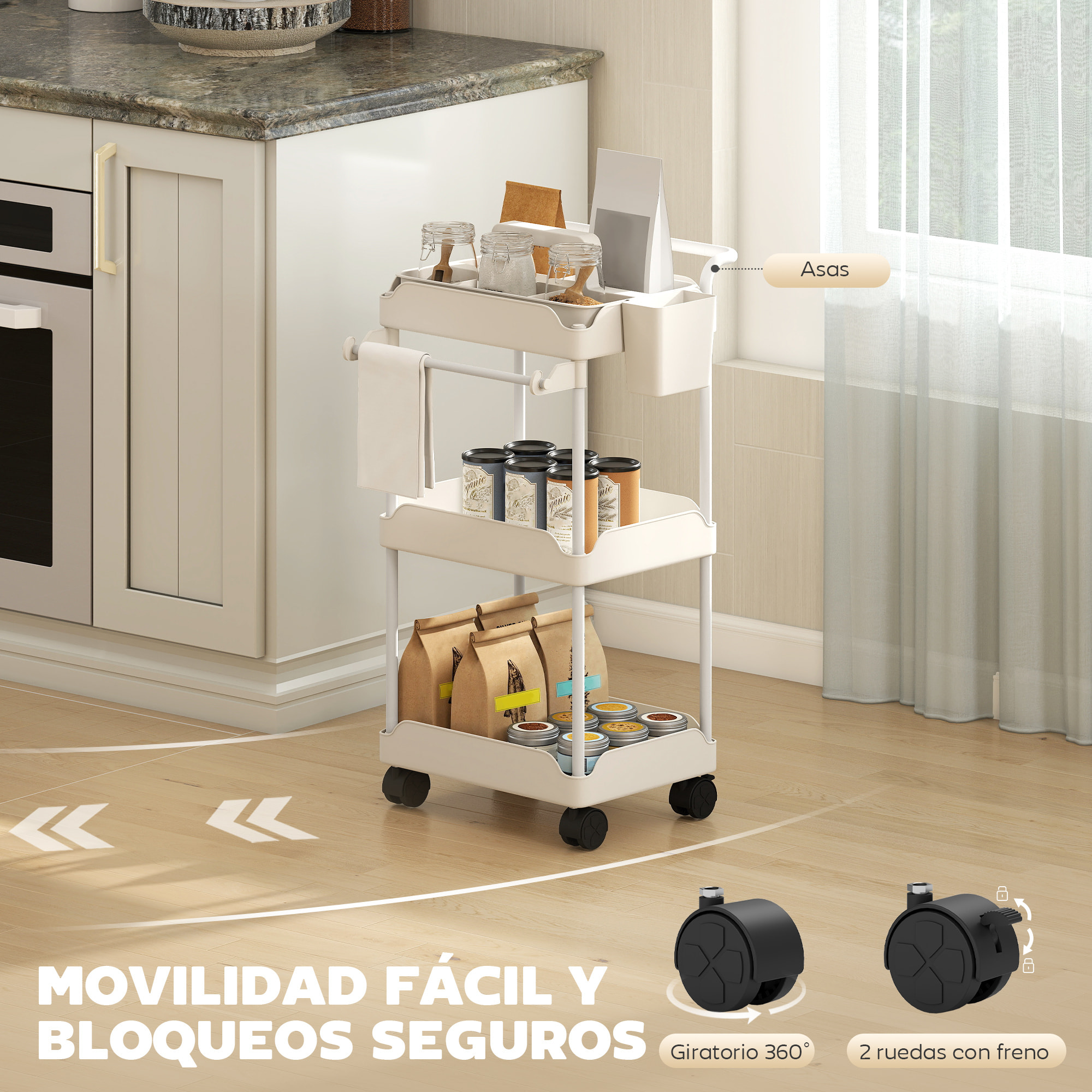 Carrito Auxiliar con Ruedas de 3 Niveles, Carrito de Cocina con Cestas Extraíbles, Ruedas con Freno, Soporte para Toallas y Marco de Metal, Carro de Servicio para Comedor, Salón, Baño, Blanco
