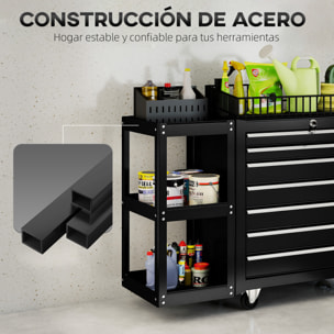 Carro de Herramientas con 7 Cajones, Carro de Taller con Estantería de 3 Niveles Desmontable, Sistema de Cierre Central, Asa, 2 Ruedas con Freno de Bloqueo, Negro