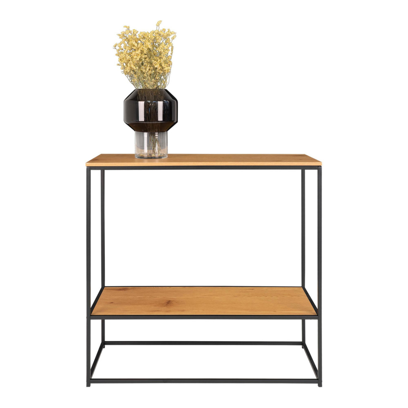 Consolle Vita a 2 ripiani effetto rovere con struttura in acciaio nero, 80×36×80 cm