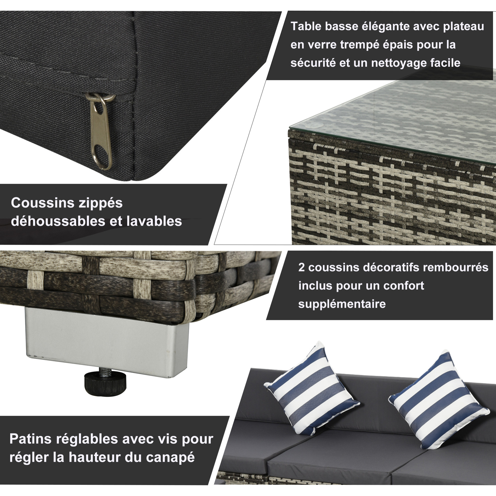 Ensemble salon de jardin 4 places 5 pièces coussins zippés déhoussables polyester résine tressée gris