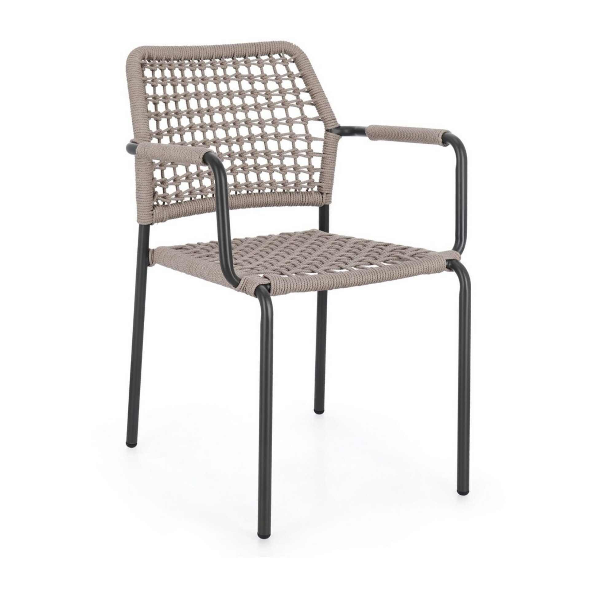 Set di 4 sedie con braccioli MIRANDA in alluminio antracite e corda beige, impilabili