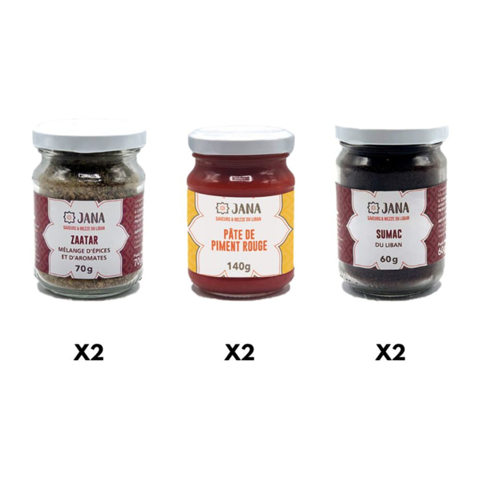 Yalla O Souk : 2 Sumac 2x60g+ 2 Zaatar 2x70g + 2 Pates de Piment Rouge 2x140g - Liban