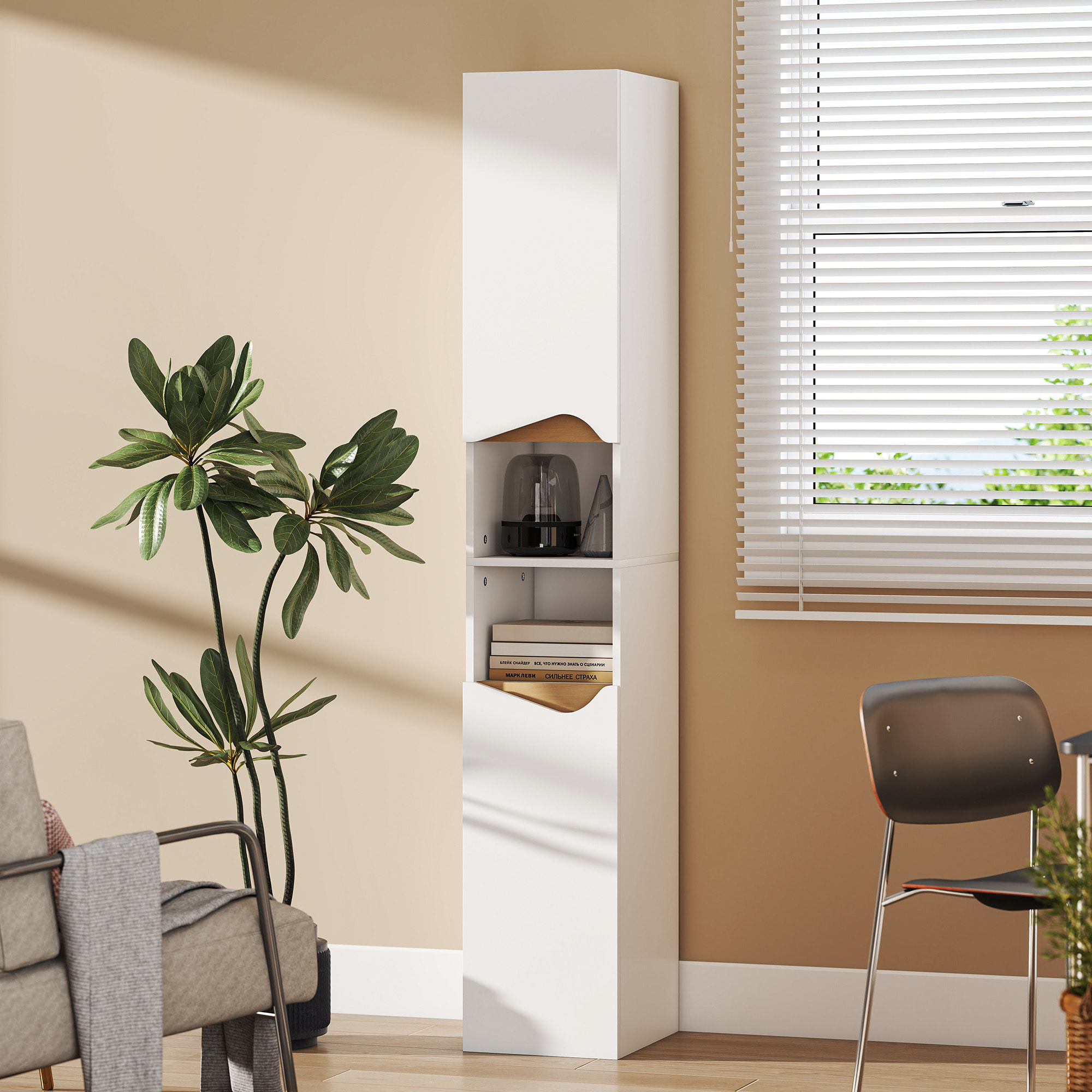 Colonne salle de bain design 2 portes 2 étagères 2 niches effet bois clair blanc
