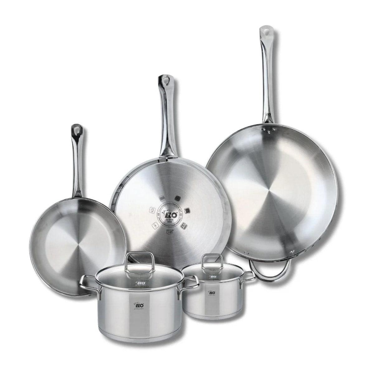 Ensemble de 3 Poêles de cuisson 24, 28 et 32 cm et 2 faitouts 14 et 20 cm Elo Profi Citrin