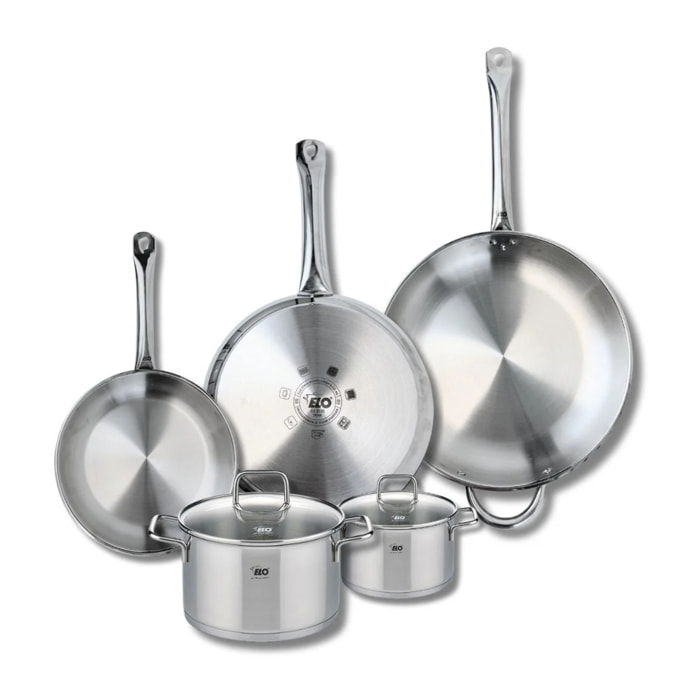 Ensemble de 3 Poêles de cuisson 24, 28 et 32 cm et 2 faitouts 14 et 20 cm Elo Profi Citrin