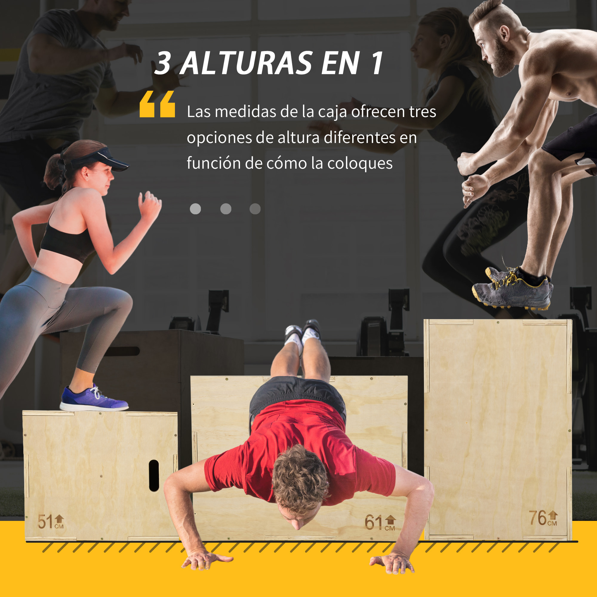 Caja Pliométrica de Madera 3 en 1 Caja de Salto con 2 Mango Hueco Entrenamiento de Fuerza en Casa Oficina Gimnasia CrossFit Carga 120 kg 61x51x76 cm Madera Natural