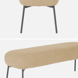Banc. bout de lit avec revêtement bouclette texturée. beige. pieds en métal noir. L 120 x P 41 x H 42.5cm