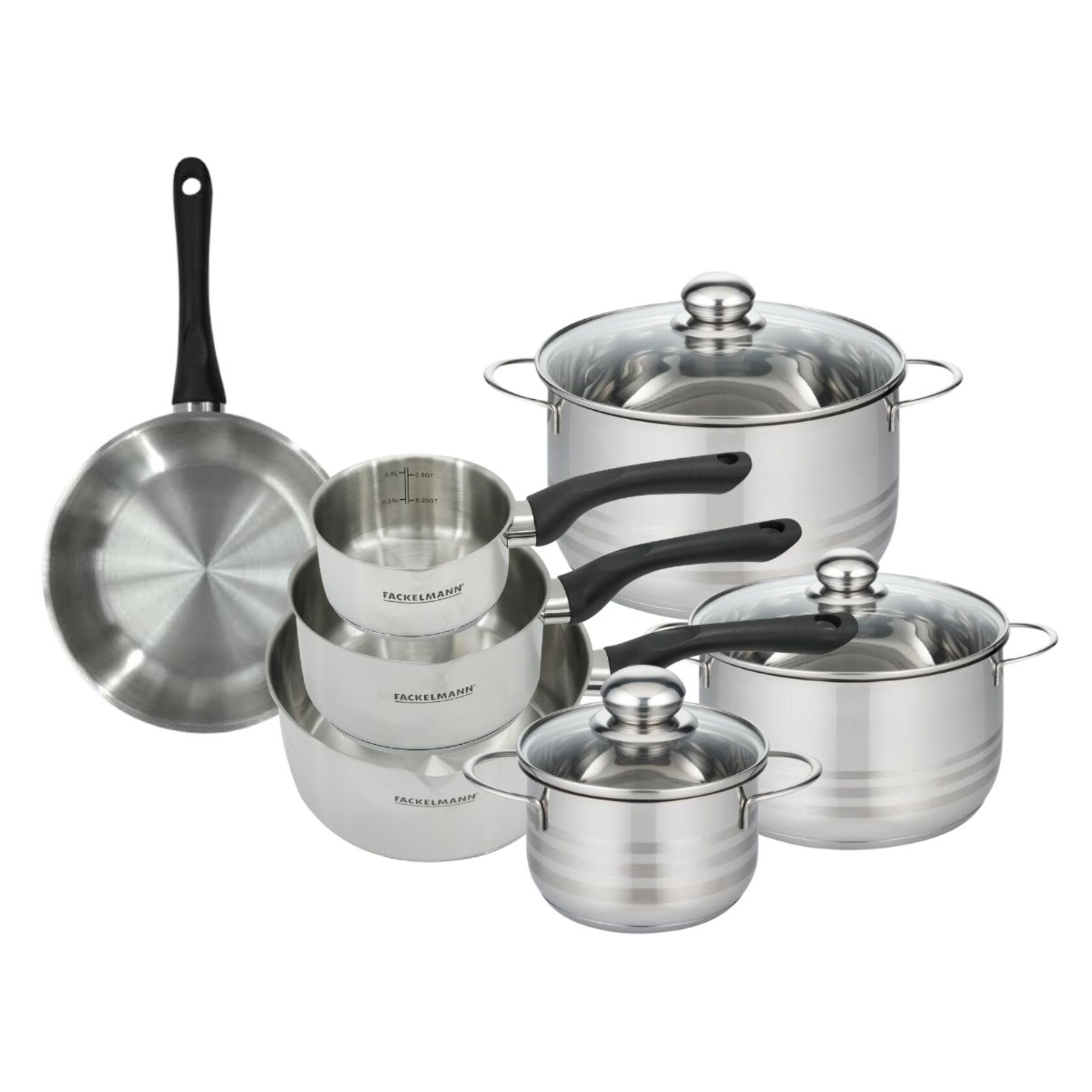 Set de 1 poêle, 3 casseroles 12 16 20 cm et 3 faitouts 16, 20 et 24 cm en inox Fackelmann Geneva