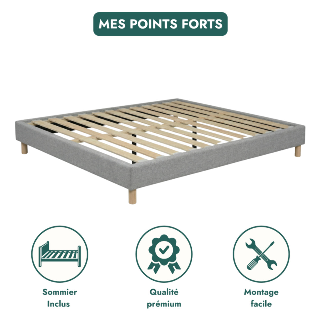 Ensemble Matelas Master & sommier déco| 100% Mémoire de forme | Surmatelas intégré | Cadre à lattes | Tissu | Gris Clair