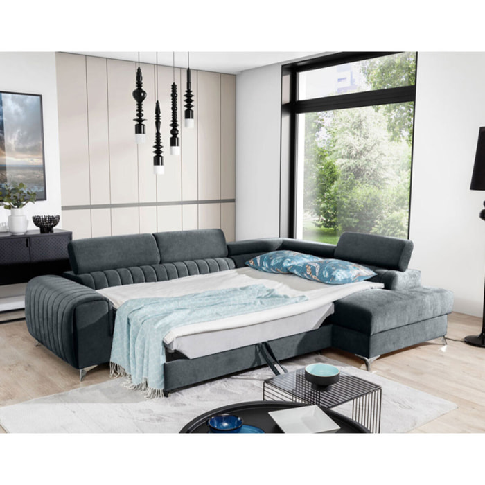 Talisay - canapé d'angle droit - 5 places - convertible avec coffre - en velours - Gris