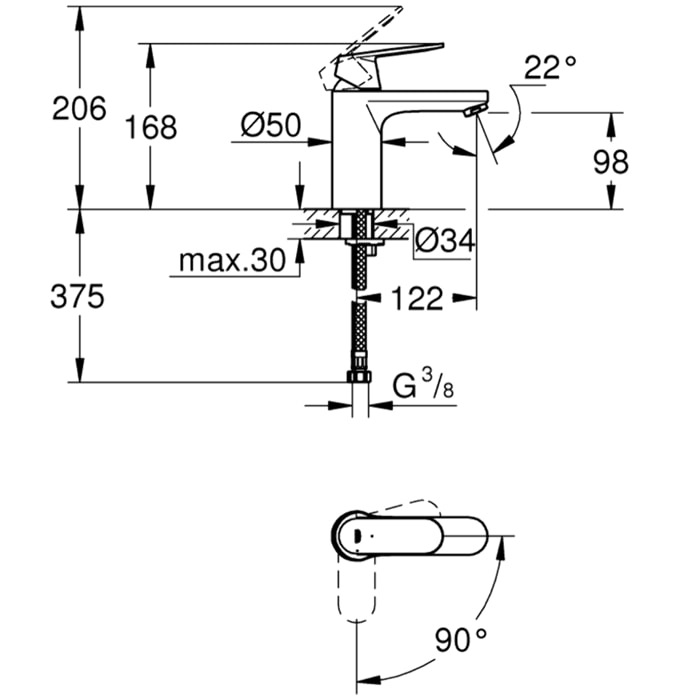 Mitigeur Lavabo Eurosmart Cosmopolitan, Taille M, chromé