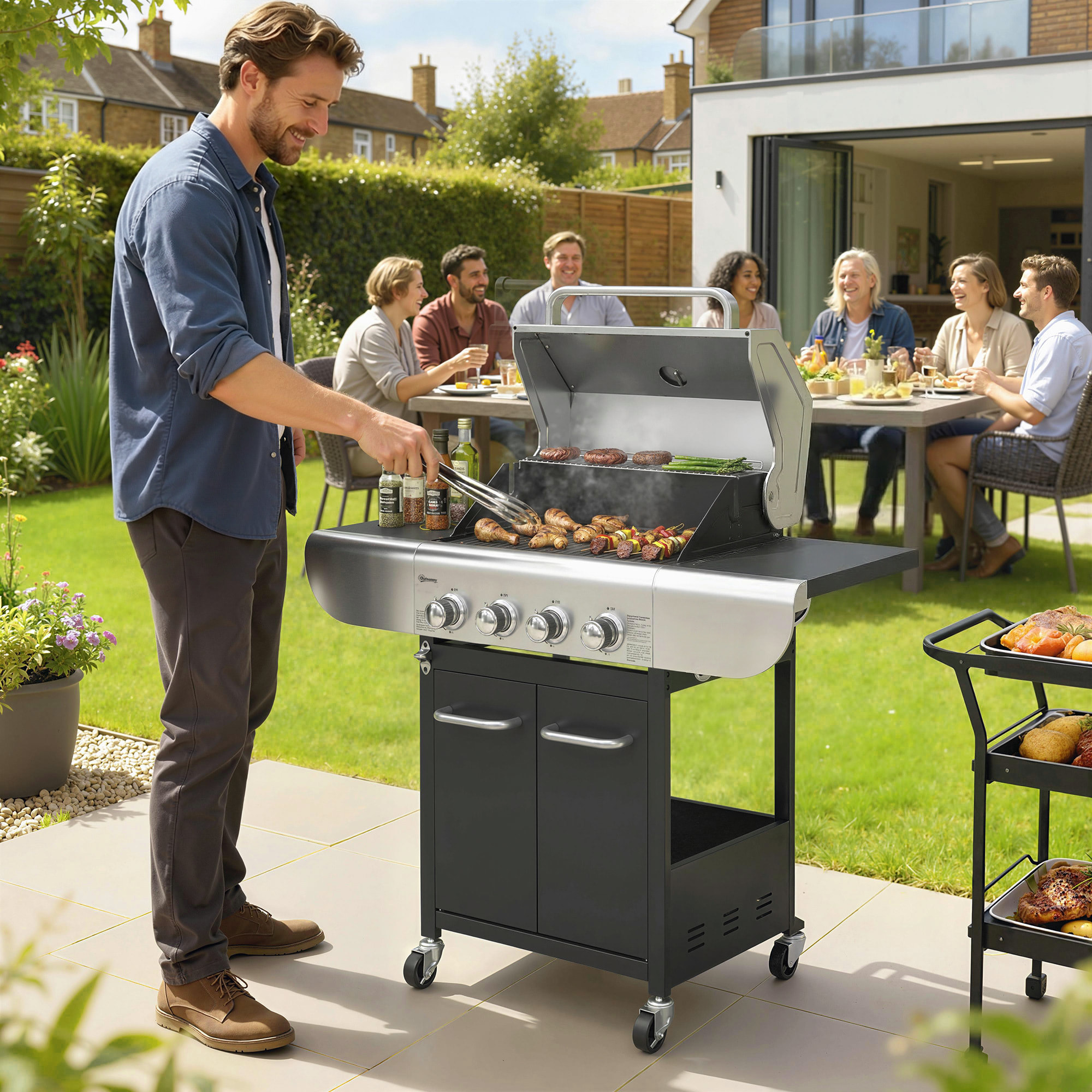 Barbacoa de Gas BBQ Gas con 4 Quemadores 12,8 kW Barbacoa Portátil con Termómetro Mesas Laterales Armario Rejilla Calentadora Acero Parrillas de Hierro Fundido Recogedor Grasa 4 Ruedas Negro