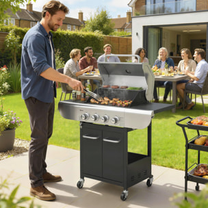 Barbacoa de Gas BBQ Gas con 4 Quemadores 12,8 kW Barbacoa Portátil con Termómetro Mesas Laterales Armario Rejilla Calentadora Acero Parrillas de Hierro Fundido Recogedor Grasa 4 Ruedas Negro