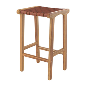 Tabouret pour îlot central 68 cm en teck et cuir tressé marron - Kuna